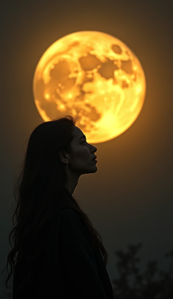 The photo of a beautiful young Iranian woman who is watching the full moon in the sky and the moon is very big and takes up most of the image, the color of the moon is golden yellow.