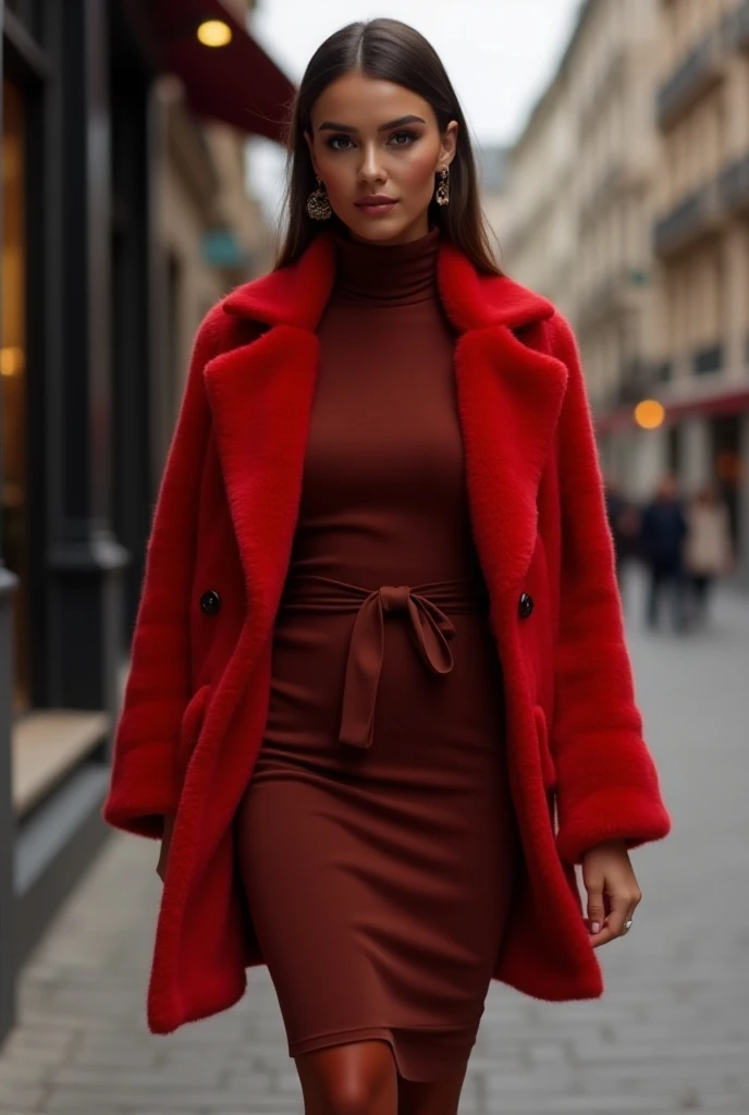 I chose a tight brown dress that went up to above the knees and a fluffy red cashmere coat..