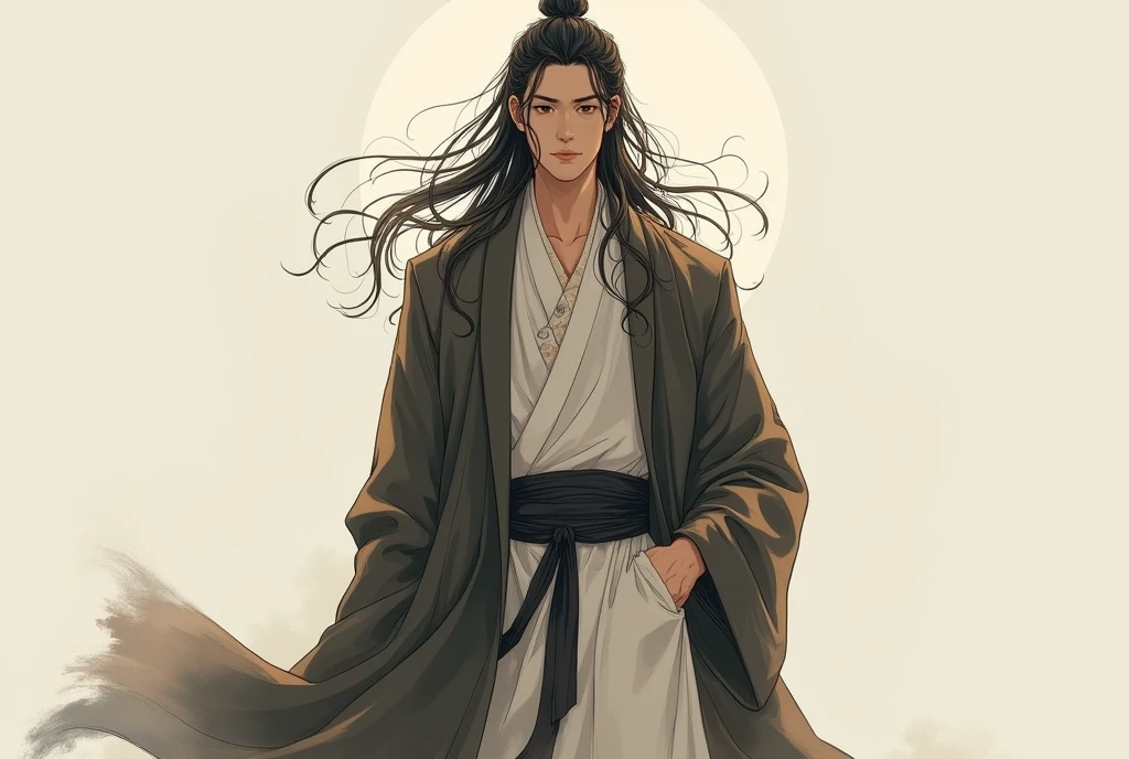 Absurd, High definition, Super detailed, Texture details, clear presentation, HD details, detail performance, Fine details, Clear face, Fix accurately, ((cabelos preto e longos))、long whitr hair、18-year-old man, Handsome, Tall,Soft smile、Slightly muscular,(Clear eyeballs), (1 person: 1.3), handpainted, Simple lines, (An 18-year-old man wearing a white Chinese suit), foggy forest、The upper part of the body