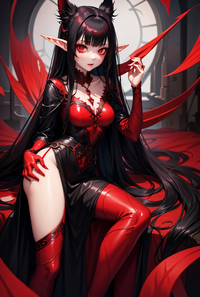 An exquisite female figure, veiled in crimson, with her eyes hidden, gracefully poses, signifying quietude. Her elongated, vividly painted nails, adorned in a bold shade of red, delicately rest upon her lips. The backdrop, a striking expanse of unbroken black, serves as a captivating contrast to her regal presence.