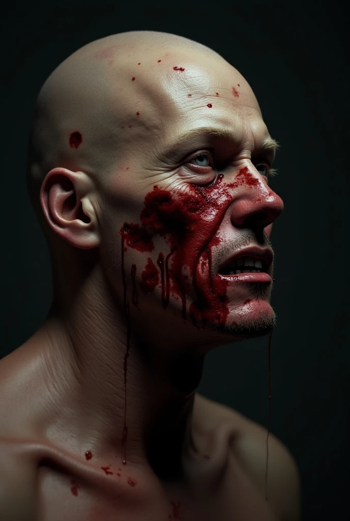 Draw a face covered in blood,Scary male creature full of muscles, massacre, Science fiction - the art of horror fiction, There is a female human face on the arms