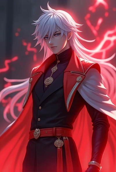 Gojo Satoru has a red aura, wears black clothes, white clothes on top, white hair, and blue eyes