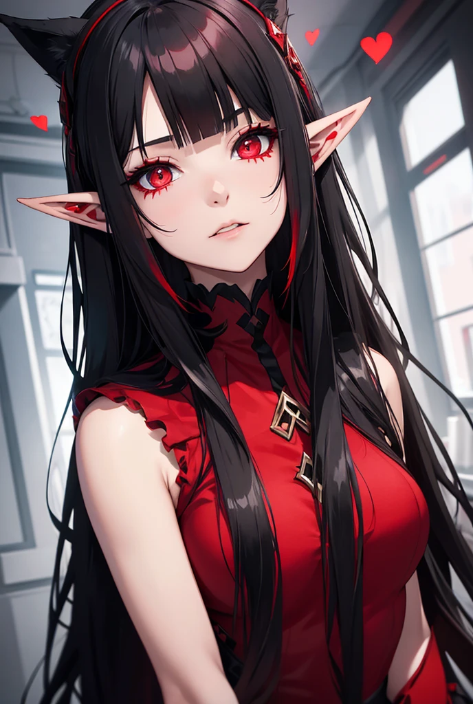 Mommy Queen with black hair, back eyes, and devil horn and back and red dress