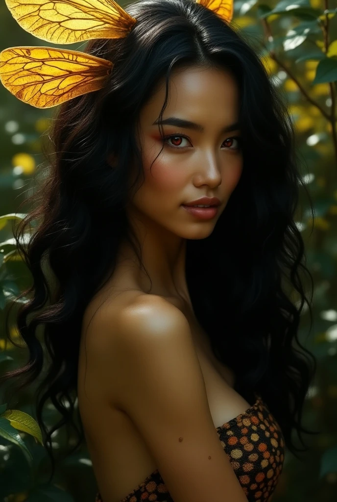 Here’s another image of the honey bee 🐝+ Beautiful woman hybrid creature, blending the majestic features of both animals in a dramatic nature Long Hair, Looking at viewer, Red Eyes, Black Hair, Masterpiece, Smile,