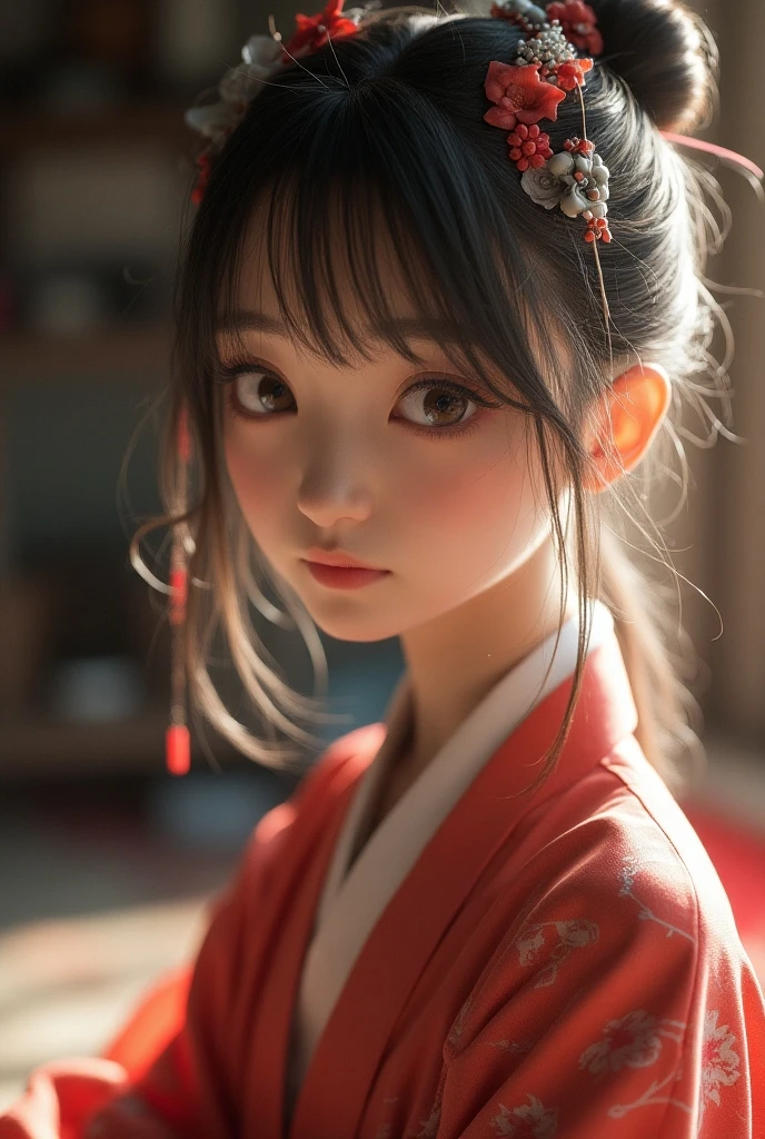 Best quality, focus on face, soft light, black hair, ((Japanese)), (blouse), (((front, face))), (depth of field), ultra high resolution, (realistic: 1.4) , RAW photo, upper body