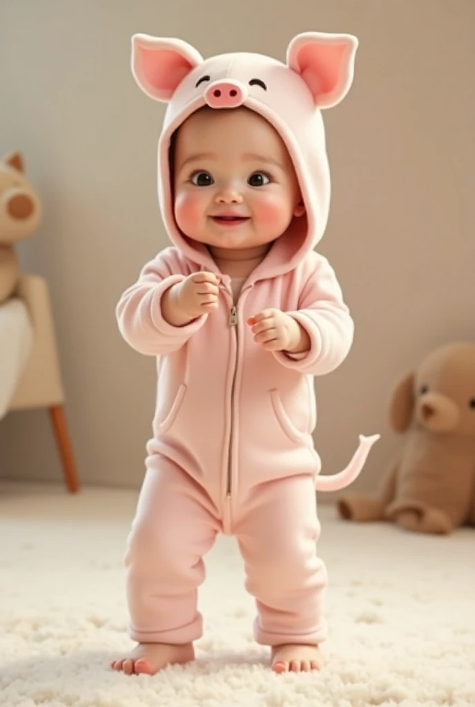 Blond baby with dark pink hoodie. Baby has toy - plush teddy bear. Toy is in a pocket