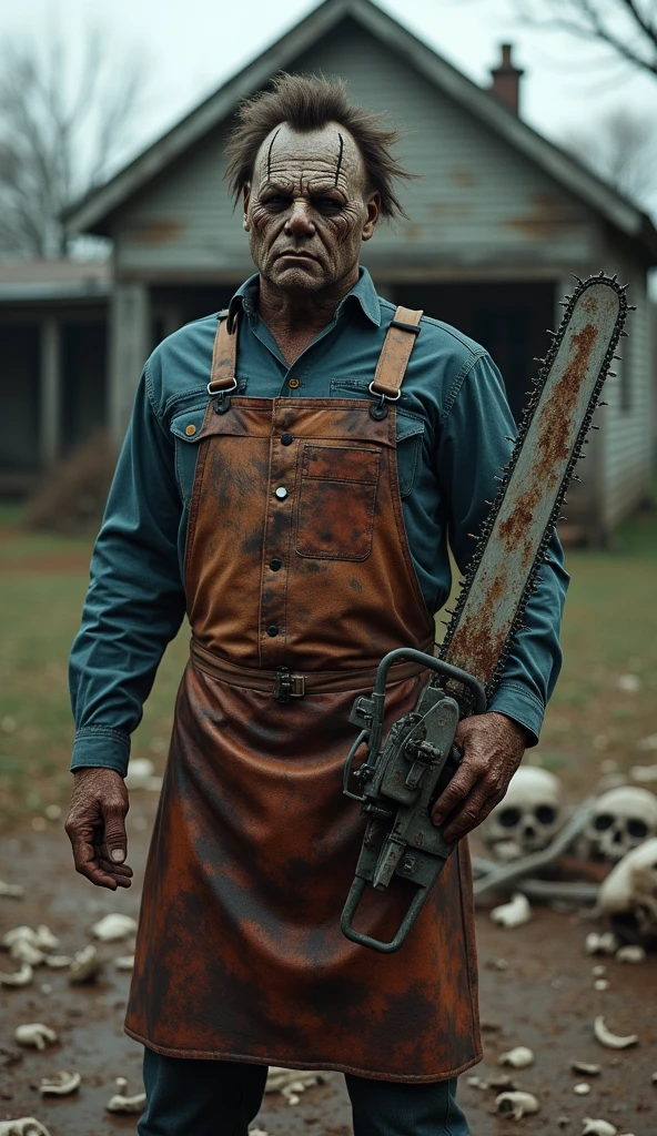 Texas Background、Aggressive pose、8k、Dark fantasy、murderer、Shaggy hair、Texas Chainsaw、Ed Gain、Strong body、Fat body、apron、blood droplets、Holding a chainsaw with both hands、Give the viewer a malicious look, Grabbing Viewer, For the viewer,Shallow depth of field, Vignette, Very detailed, High budget, Bokeh, CinemaScope, Sulky, amazing, nice, Film Grain, granular . Creepy, Anxious, dark, Creepyな, Suspenseful, strict, Very detailed