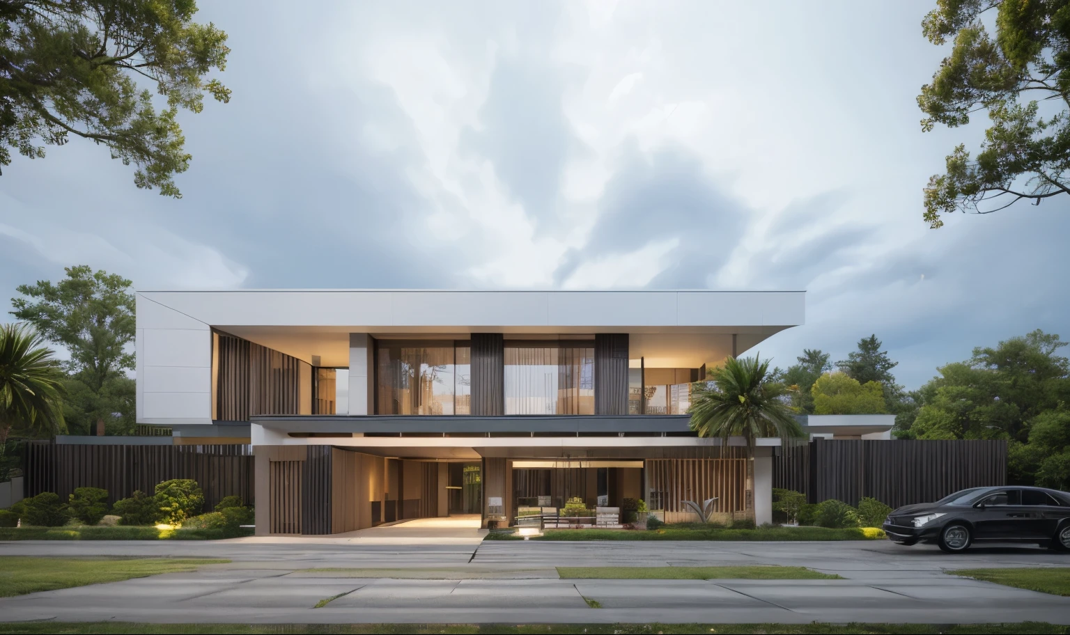 RAW photo, Exterior of two story white modern house, road, ((sidewalk)), ((sidewalk trees)), residences area, dawn time, Sunrise, overcast, tropical trees and plants, (high detailed:1.2), 8k uhd, dslr, soft lighting, high quality,