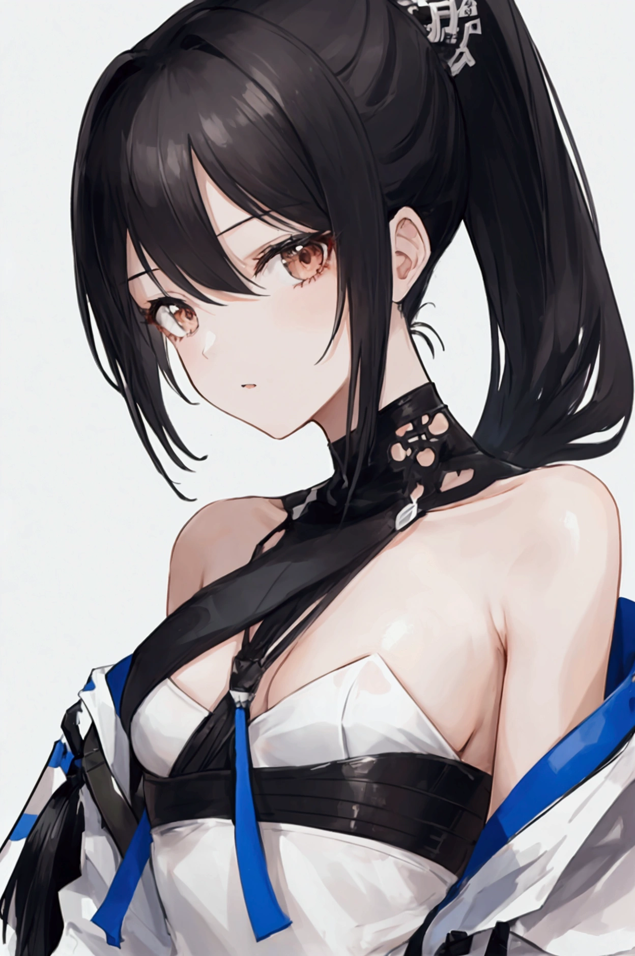 Adult girl, short black hair, high ponytail, blue eyes, cat ears, dark dress, open shoulders, stern look, masterpiece, high quality