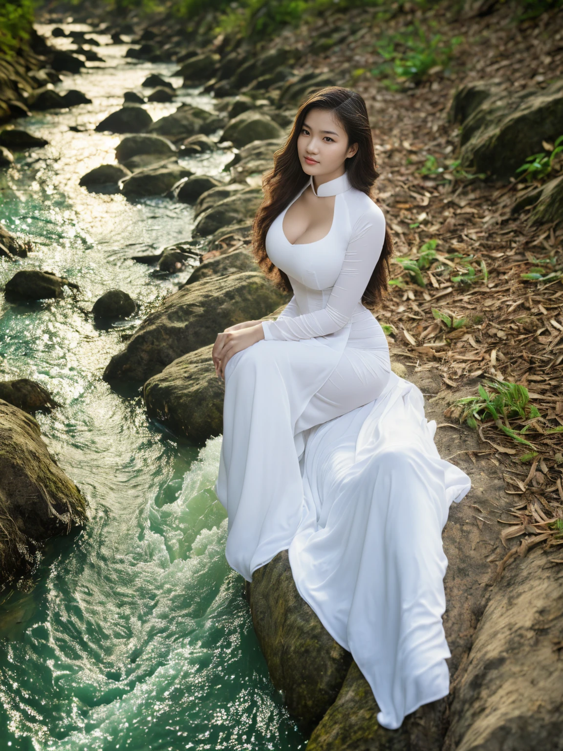 ((1 Vietnamese girl wearing a white ao dai, real photo, high quality photo, super sharp photo, 8k quality, HDR, good facial details, realistic face)), ((full body, HDR 8k , big breasts, revealing beautiful round cleavage, beautiful scene at a stream with sunny and cloudy weather, chuppy body, big breasts, exposed breasts, cleavage, fat body, big breasts, exposed breasts, exposed cleavage, flowing stream from above))