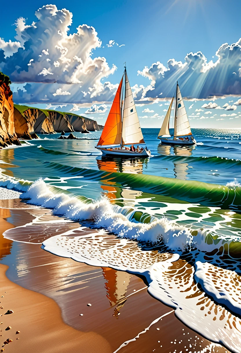 Create an image of a bright, sunny day on the ocean with two elegant sailboats. The boats are under a bright blue sky, dotted with soft, fluffy white clouds. Boat sails flutter gently in the breeze, showcasing cream-colored fabric with accents of orange at the ends. The foreground features dynamic, undulating waves that reflect shades of deep blue and turquoise, mixing with splashes of foamy white as they crash against the shore. The sandy beach is visible in the lower part of the image, showing warm tones of orange and beige mixed with the wet, reflective texture of the water. In the background, rocky cliffs rise up on one side, adding texture and contrast to the scene. The overall atmosphere is lively and peaceful, capturing the essence of a beautiful day at sea, with the sailboats gliding gracefully across the sparkling water. Inspiration from the French impressionists, Manet, Monet, Renoir, Berthe Morisot. 