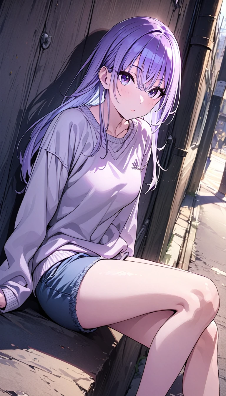 (masterpiece),(Best Quality),(Super detailed),( Best Illustration ),( best shadow ),( absurd),( detailed background),( very beautiful ),  1 girl, Alone, yes、Suzuki, Long Hair,  purple eyes, Purple Hair,  Casual clothes, sweater,  Short Jeans , sportswear,  sitting,   leaning against a wall  , alley,