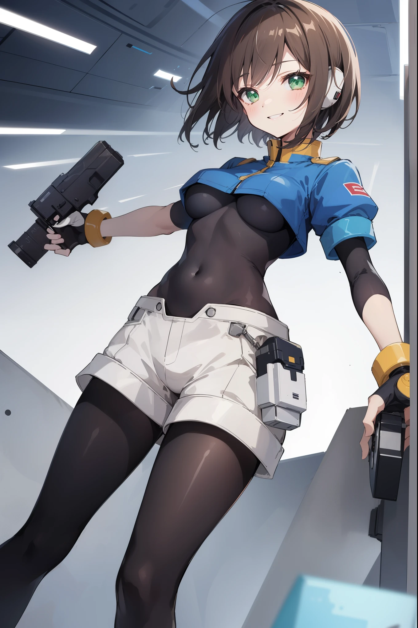 aile_megamanzx,  , 1girl, solo, short hair, brown hair, short sleeves, (bodysuit), robot ears, green eyes, short_shorts, short sleeves, short over long sleeves, smile, in futuristic city, , high quality, medium_breasts,crotch, slouch,handgun,