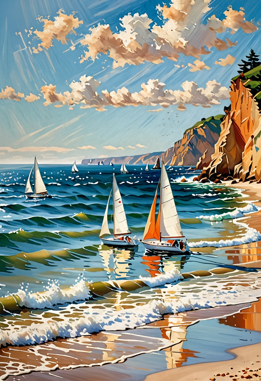Create an image of a bright, sunny day on the ocean with two elegant sailboats. The boats are under a bright blue sky, dotted with soft, fluffy white clouds. Boat sails flutter gently in the breeze, showcasing cream-colored fabric with accents of orange at the ends. The foreground features dynamic, undulating waves that reflect shades of deep blue and turquoise, mixing with splashes of foamy white as they crash against the shore. The sandy beach is visible in the lower part of the image, showing warm tones of orange and beige mixed with the wet, reflective texture of the water. In the background, rocky cliffs rise up on one side, adding texture and contrast to the scene. The overall atmosphere is lively and peaceful, capturing the essence of a beautiful day at sea, with the sailboats gliding gracefully across the sparkling water. Inspiration from the French impressionists, Manet, Monet, Renoir, Berthe Morisot.