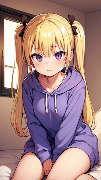 A small-breasted girl relaxing in her room completely and wearing a baggy hoodie、Blonde、 twin tails、Prone、Looking away、Cheeky face、