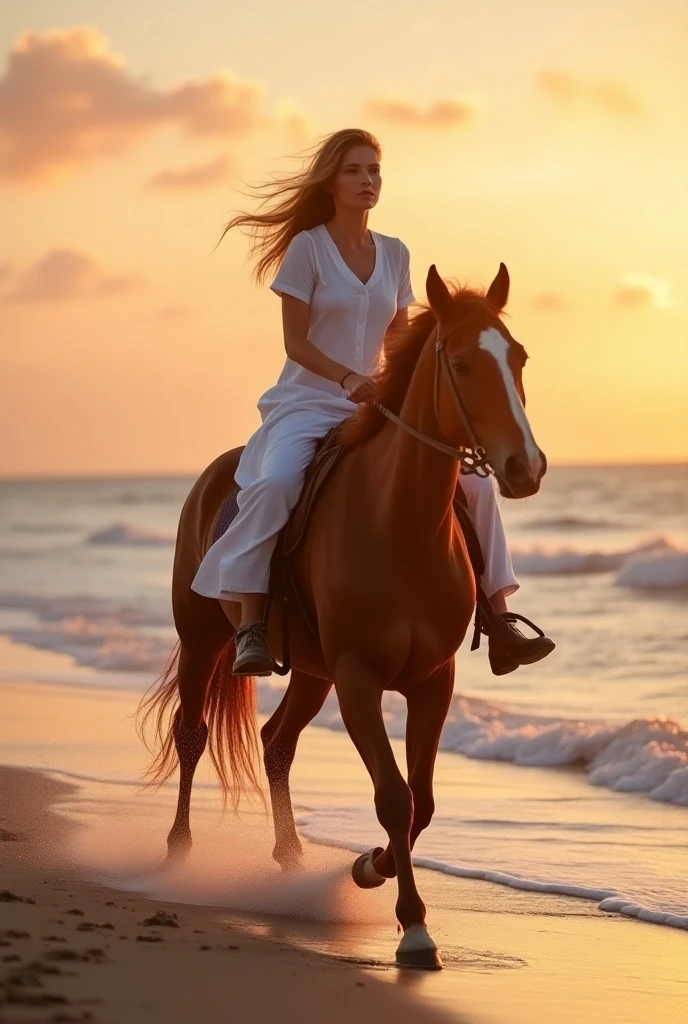 Realistic photography of a woman riding a horse on a beach at sunset. The woman is wearing loose white clothing and her hair is blowing in the wind. The horse is a beautiful chestnut stallion galloping along the wet sand near the shore. The background shows a calm ocean with gentle waves and the sky is painted in warm shades of orange, pink and violet. The light of the setting sun casts a golden glow over the scene. Shot with a 70mm lens, shallow depth of field, focused on the woman and the horse, with a soft bokeh effect in the background. High resolution, hyper detailed, 4K. Natural light with soft warm tones, HDR, cinematic style.