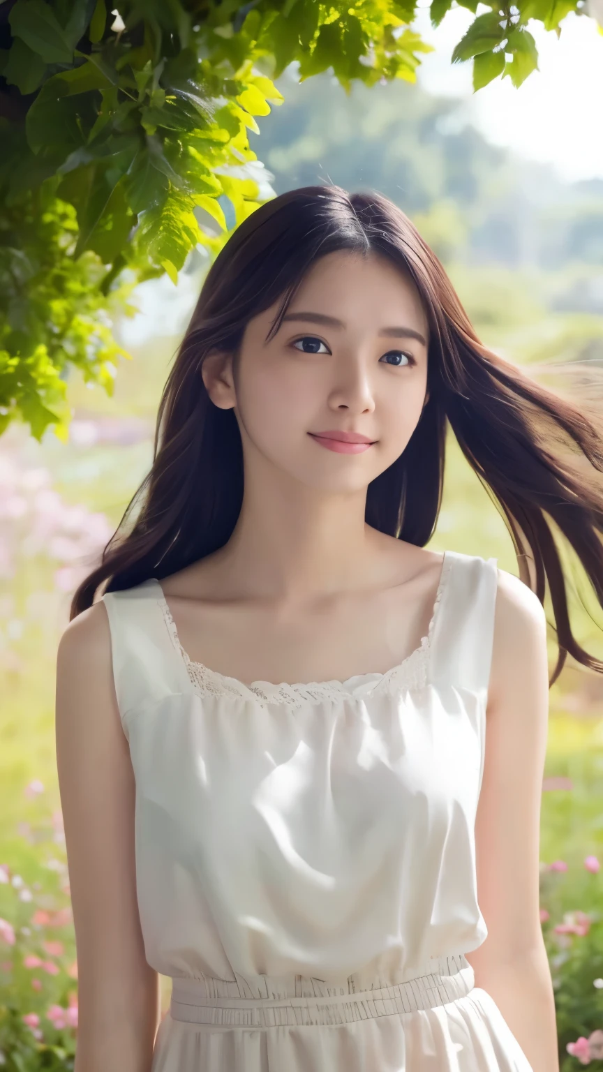 Best Quality、4K、8k、 Kampala、masterpiece:1.2、 very detailed 、Real:1.37、 portrait、Soft colors、Gentle Light、A girl exuding fatigue、Long flowing hair、Delicate facial features、Thoughtful eyes、 white skin、Happy expression、 soft pastel colors、 GREAT ATMOSPHERE 、shirt、Subtle brushwork、Dreamy composition、gazing into the distance、 Romantic Atmosphere、、Calm colors、Soft Shadows、 display above my waist、Ample breasts、Flower field in the background、Wearing sleeveless top、I'm wearing a G pan 、