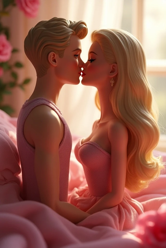 (1 man, 1 woman) (20 years old) (russian, caucasian, blonde hair) (women's beautifully feminine skintight matte kiss print camisole ballet-pink leotards) (white tights) (no shoes) (ballet-pink see-through shoulder-length opera gloves) (woman's bedroom, queen size bed) (hugging, cuddling, caressing) (full body) (extremely erotically detailed, intimacy, separate arms and hands, playfulness, closeness)