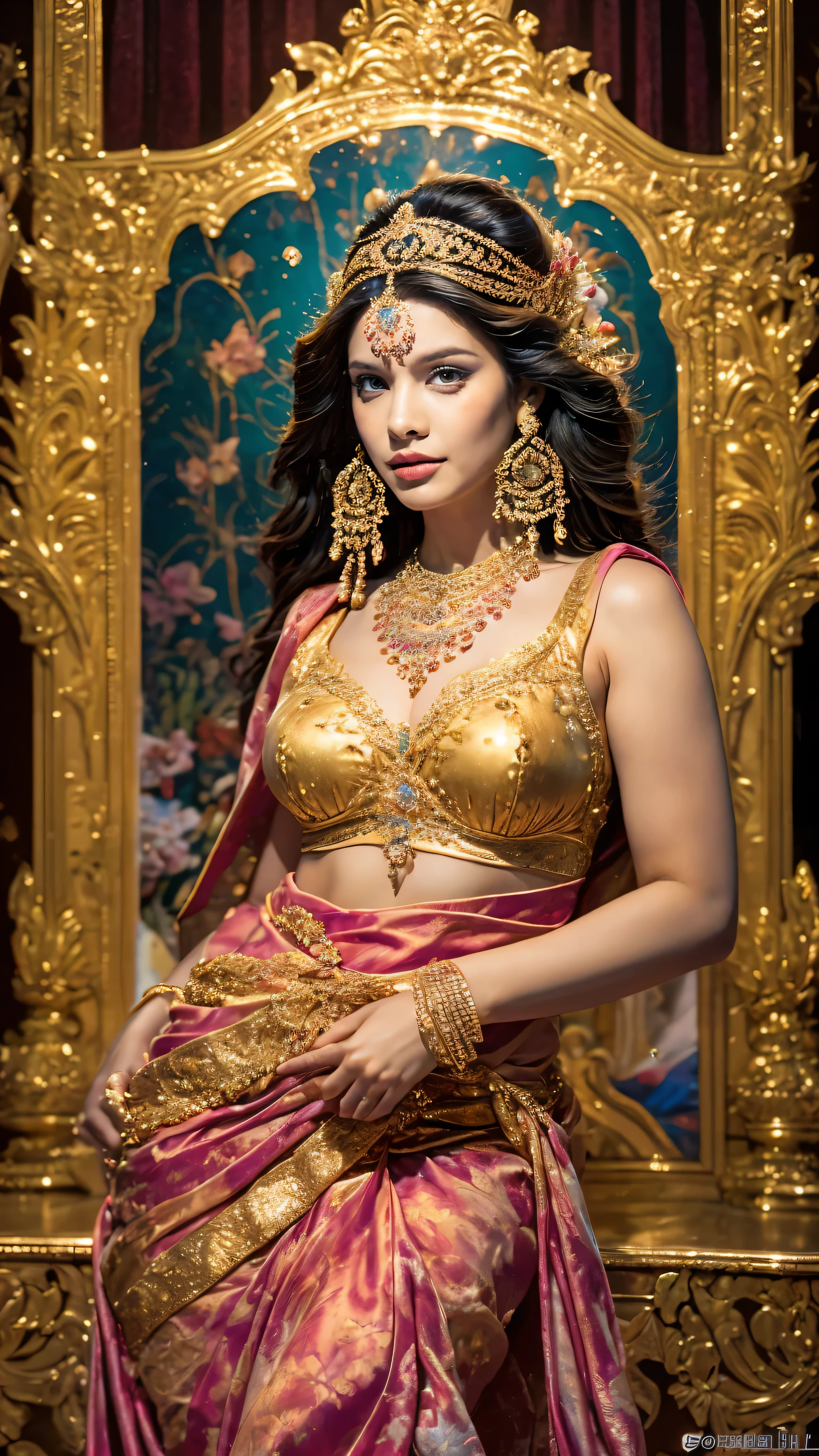 ((Best quality, 8k, Masterpiece :1.3)), Sharp focus :1.2, Generate a realistic image of a beautiful Indian woman plus size body: 8.5 (masterpiece like a princess) (body like divine girl) dressed divine clothes very light pink skirt and print , adorned with traditional ornaments, standing in a well-lit room with cinematic lighting. ((Front view, random elegant pose)), and there is a sense of grace and elegance in her posture. The background should complement the scene, enhancing the overall aesthetic appeal of the image. Photography by Brandon Woelfel, Full shot: Canon EF 16-35mm f/2.8L III USM lens on a Canon EOS 9D Mark IV (1:1.618 golden ratio) camera, ultra realistic, 32k, XHDR