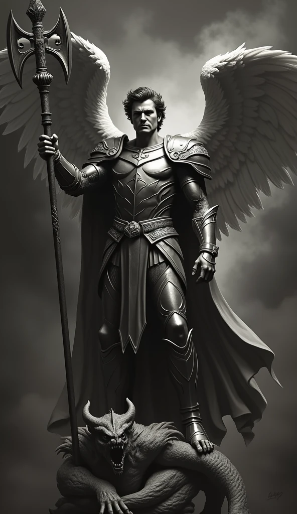black background, a black angel in the middle, holding a sword up