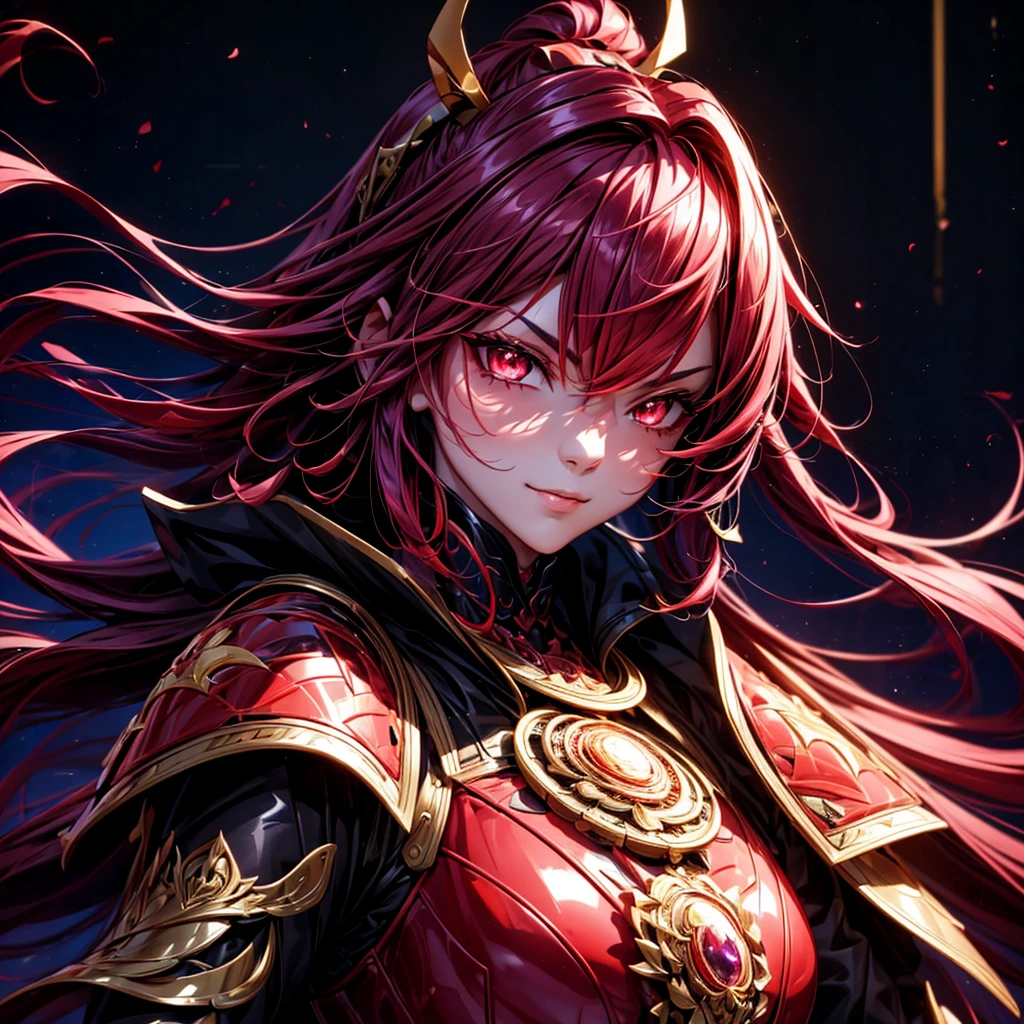 best quality,4K,high resolution),Ultradetailliert,realistisch,portrait, Lila Samurai Sukkubus mit einen katana dunkelrotem Haar, a purple-dark red armor with gold neon lights with gold trim and glowing red eyes, Leuchtende Farben, delicate features, seductive glance, Charming smile, wallende Haare, sanfte Beleuchtung