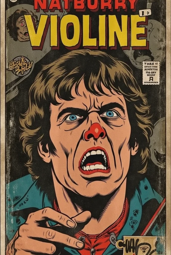 a vintage comic book cover from the 1940s/1950s featuring a violinist, should be depicted with exaggerated and frightening facial expressions, using thick, bold lines and deep shadows, highlighting its chaotic and intense nature. The cover should have an aged, distressed texture, with a muted color