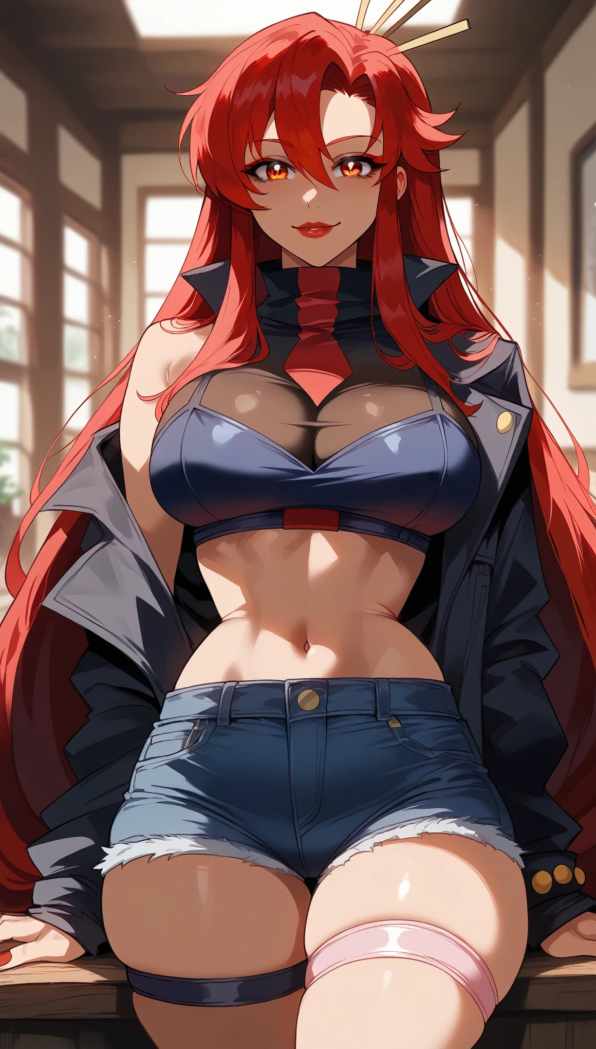 An anime girl with red hair and blue eyes wearing a skirt and an open shirt revealing a black and red bra