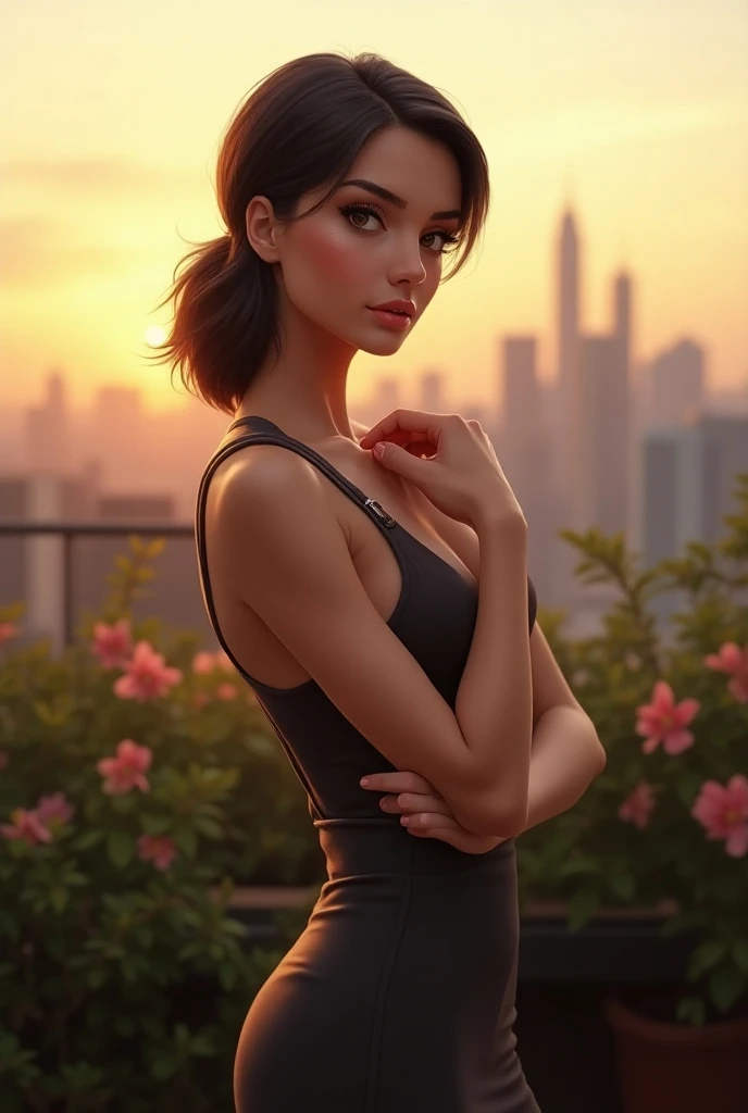 Overall Quality Scores:
score_10, score_9, score_8_up, score_7_up
Character Attributes:
1girl, elegant girl, poised girl, warm smile, confident expression, athletic build, toned arms, slender fingers, poised girl
Pose and Expression:
graceful posture, hands clasped, slight smile, gazing into distance
Outfit:
chic black blazer, high-waisted trousers, heeled boots
Setting:
rooftop garden, city skyline, golden hour
Hair and Appearance:
dark brown hair (1.5), amber eyes (1.3), straight hair, shoulder-length, hair tucked behind ear, sleek style
Makeup and Detailing:
bold lipstick, defined brows, subtle highlight, classic makeup