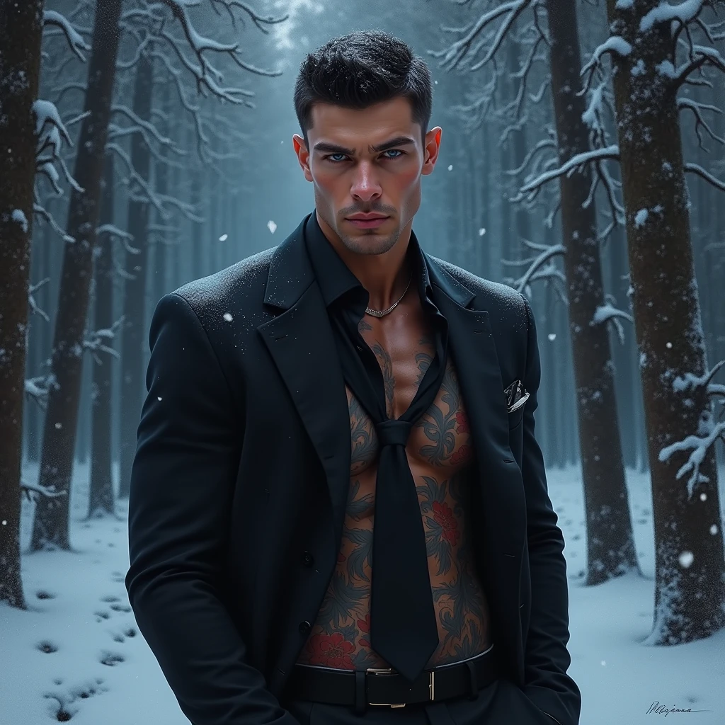 Ultra detailed 8K CG, perfect face, insanely handsome face, mature man, revealing clothes, spotlight, looking at the viewer, hyperrealistic, werewolf power, daring look, elegant, forest background, rain, fog, short disheveled hair, full body, full-length