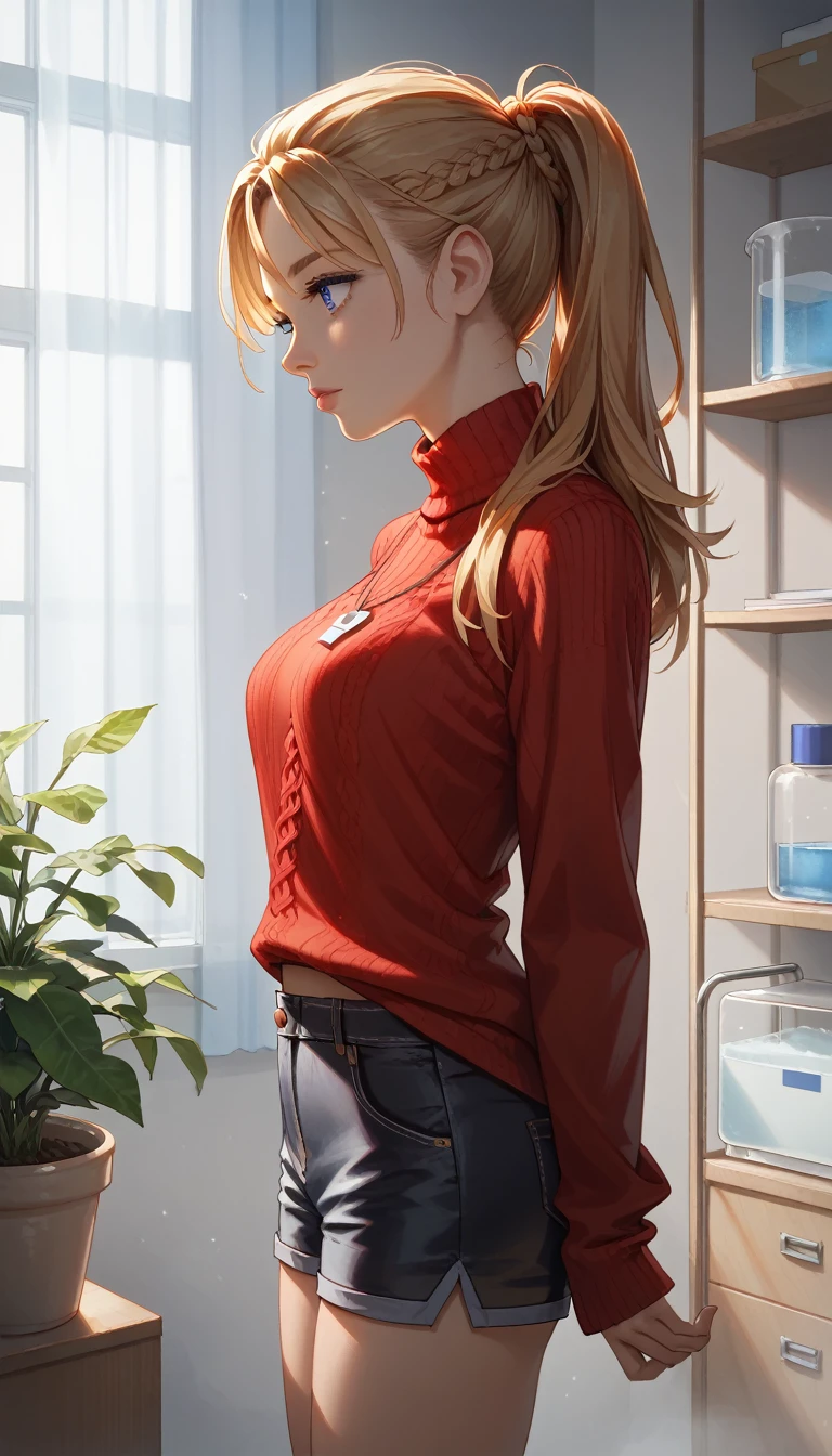 score_9, score_8_up, score_8_up, 1girl, blond woman, nicole demara, anime girl, standing in lab, brunette chemist man in background, indoors, lab, side view , sexy body, long blond ponytail, hair bangs, black sport shorts, red sweater top, material detail, looking cocky, blue dreamy eyes,  fit body, big boobs, teardrop shaped, thin waists, lab stairs, cold neons, detailed room, detailed shadows, fog, plants, violet liquids, hospital, vaccines, scarry athmosphere, dark room, sexy, brolen scarry, negative_hand, g0thicPXL, GTA