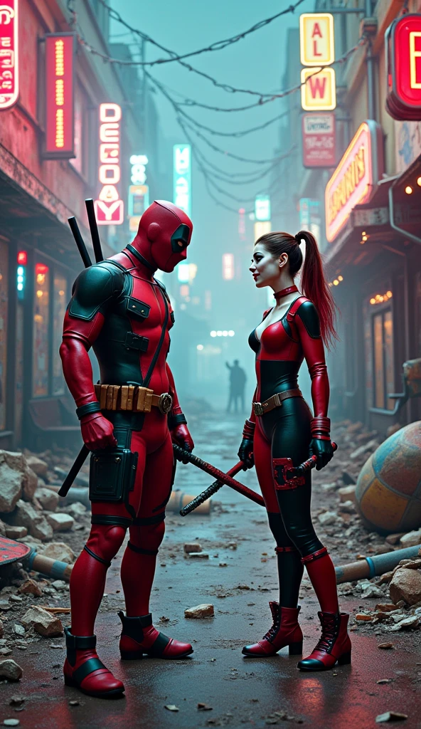 movie poster, ultra detailed, Harley Quinn and Deadpool in a photorealistic picture, standing stand side by side, explosions and destroyed cars in the background, smoke elements, by Zack Snyder, hd artwork, movie promotional image, movie artwork, 4k post, 4 k post, live action movie, hd movie photo