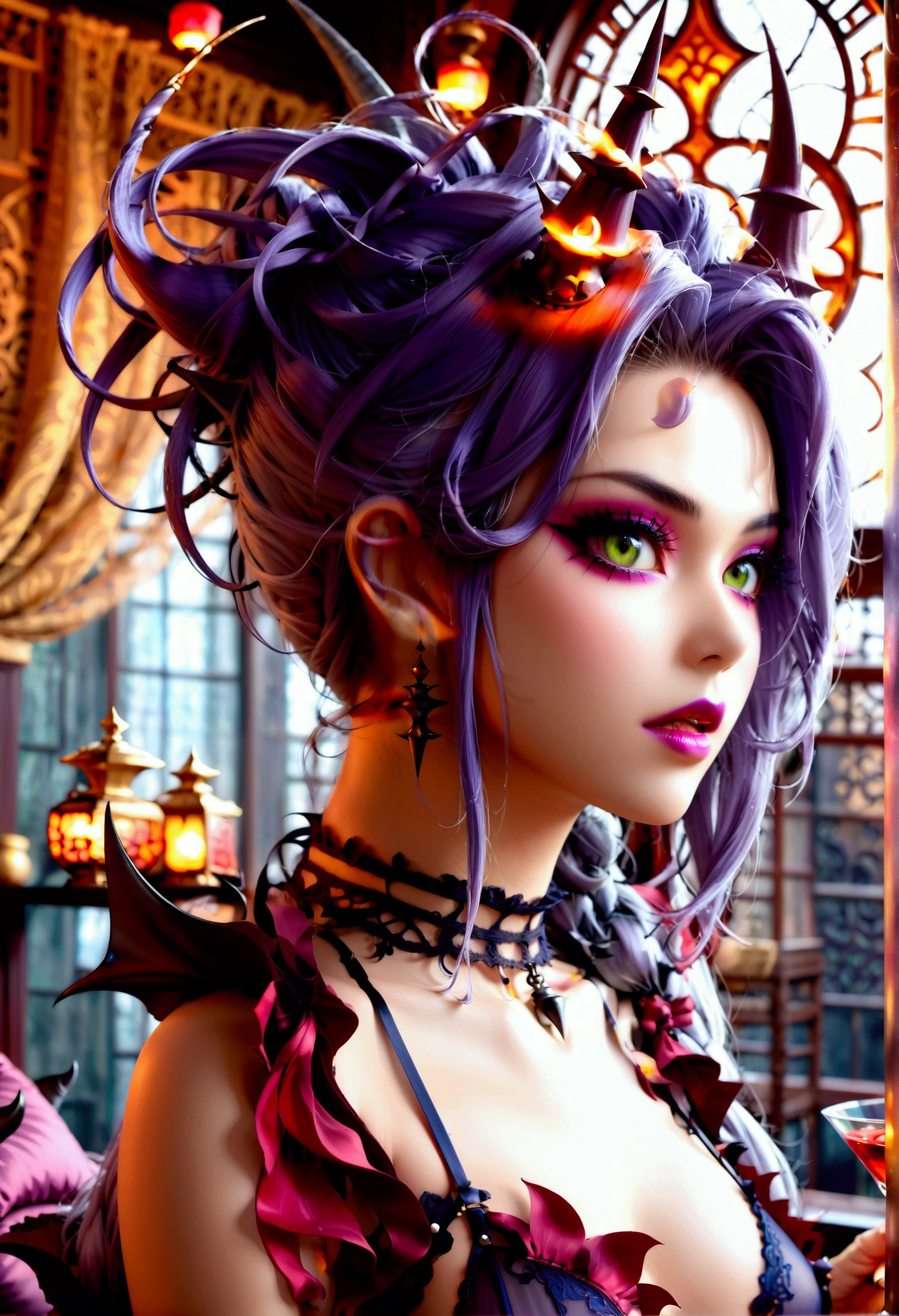 Create an image of the most stunningly gorgeous beautiful wicked oni shion, Stunningly gorgeous perfect face,  perfect makeup, detailed perfect silky smooth skin texture, detailed hour glass body figure, very long styled hair, shion spike lingerie,