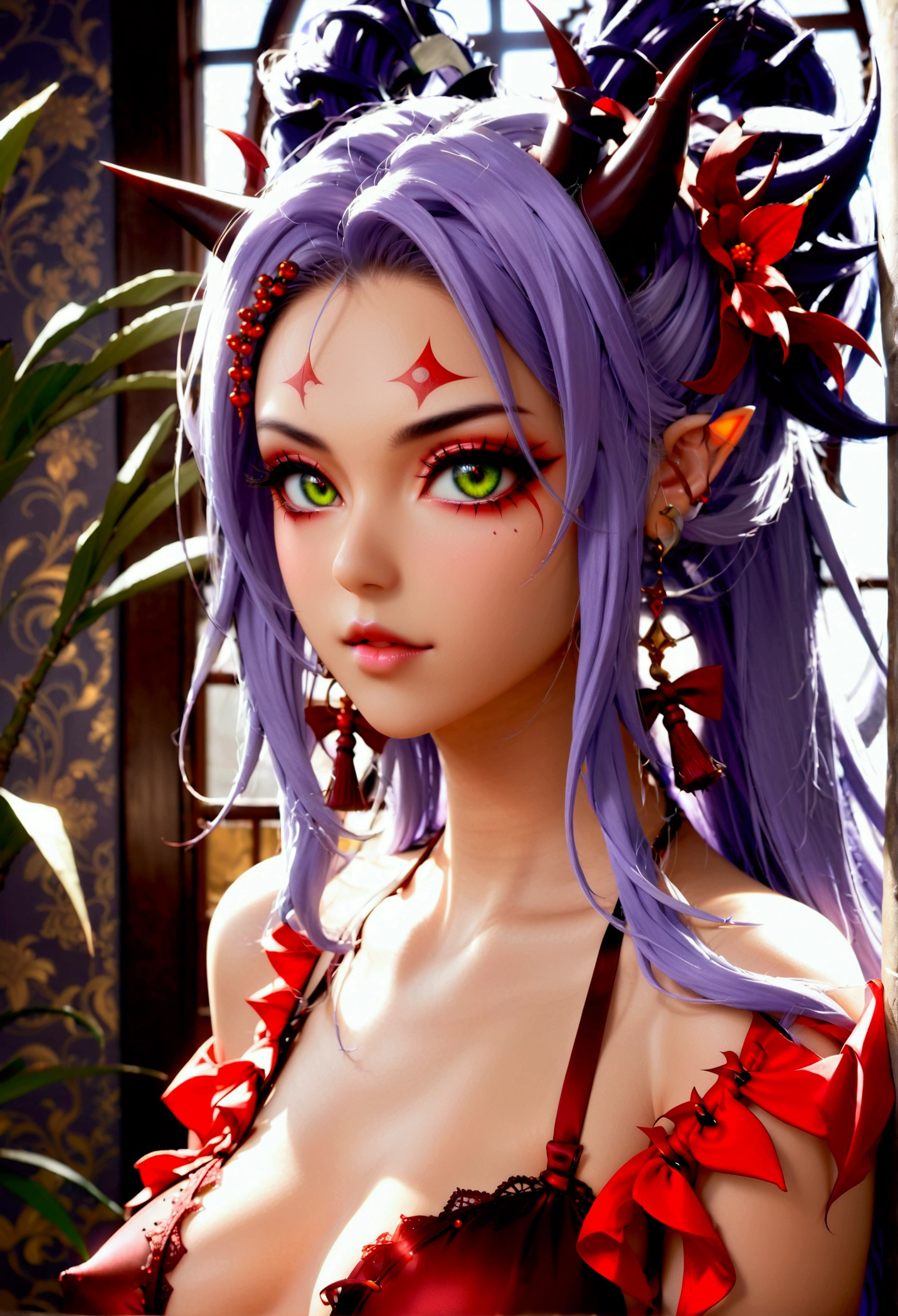 Create an image of the most stunningly gorgeous beautiful wicked oni shion, Stunningly gorgeous perfect face,  perfect makeup, detailed perfect silky smooth skin texture, detailed hour glass body figure, very long styled hair, shion spike lingerie,