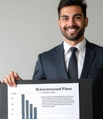 Stock photo of a confident businessman with short black hair, dressed in a sharp dark business suit, white shirt, and tie, smiling and holding a large sign or chart that reads 'Recommended SIP Investment Plan.' Studio lighting setup with soft, even light, and a plain white or light gray studio background, minimal shadows, professional and friendly expression, full-body view, realistic details.