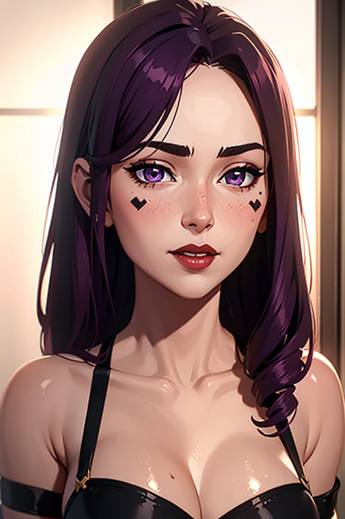 A beautiful young woman, sexy red lips, big seductive purple eyes, and a gentle blush on her cheeks, smiling softly, 1girl, detailed face, hyper-realistic, 8k, high quality, intricate details, soft lighting, oil painting, masterpiece, photorealistic, cinematic, dramatic lighting, same pose, big lips, wavy hair, seductive look, long eyelashes, sidecut haircut, wine color hair, almond eyes, face tattoo 
tough look