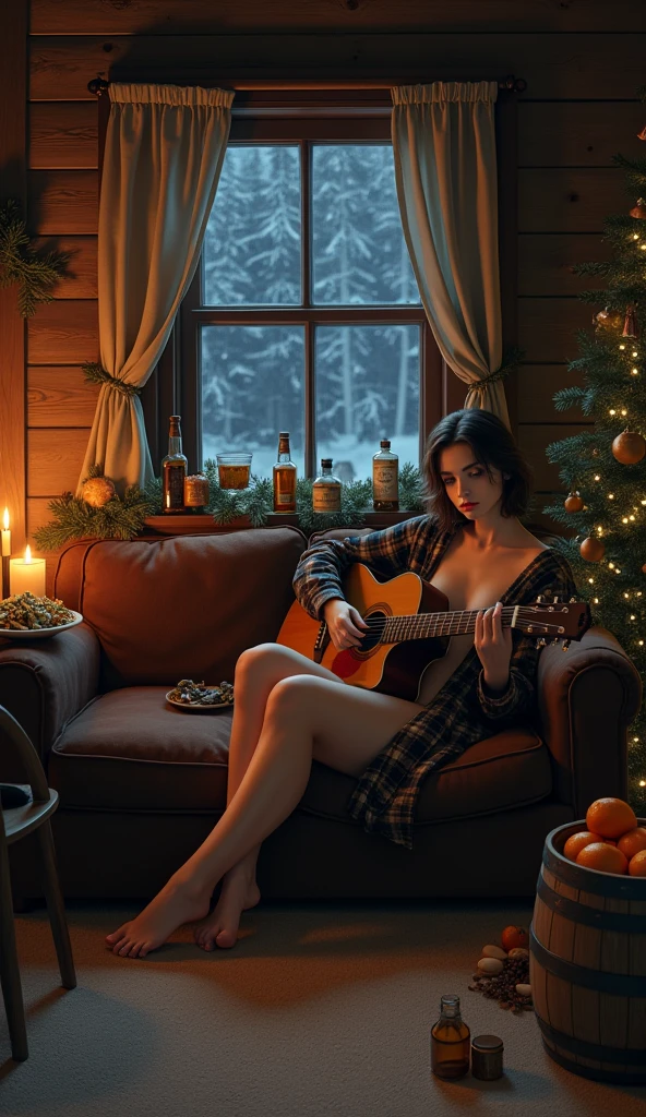 A very beautiful and glamorous 35-year-old white woman who is a rock musician, she is sitting naked on the sofa in the living room of an old apartment in the city at night, drinking Jack Daniel's bourbon from a rock glass. A worn-out acoustic guitar with peeling paint is propped up next to her. A cat is dozing on the sofa. A notebook, pencil, and a bag of potato chips are carelessly placed on the sofa table.she has a dark brunette One-length Perfectly straight very long hair,Very large, pendulous breasts、Perfect nude proportions of a glamorous mature woman、super realistic mature's body and skin,very huge sagging bare Breasts,very glamorous sexy plump naked figure,Full naked bare body image from head to toe,Plump naked、Voluptuous nudes、sagging ultra huge Breasts,big cleavage,Outside the window is the old apartment building opposite.、There are record racks and electric guitars hanging from one wall.、Amplifier、record player、Cat、Bourbon bottle、Rocks glass with large ice、Large cleavage from saggy breasts、