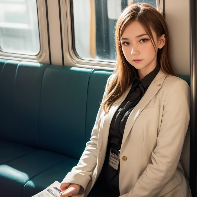 2000 photo of 29 year old, in poland , as a ticket girl on the train, properly dressed, tack sharp, soft lighting, low contrast, 4k, dslr