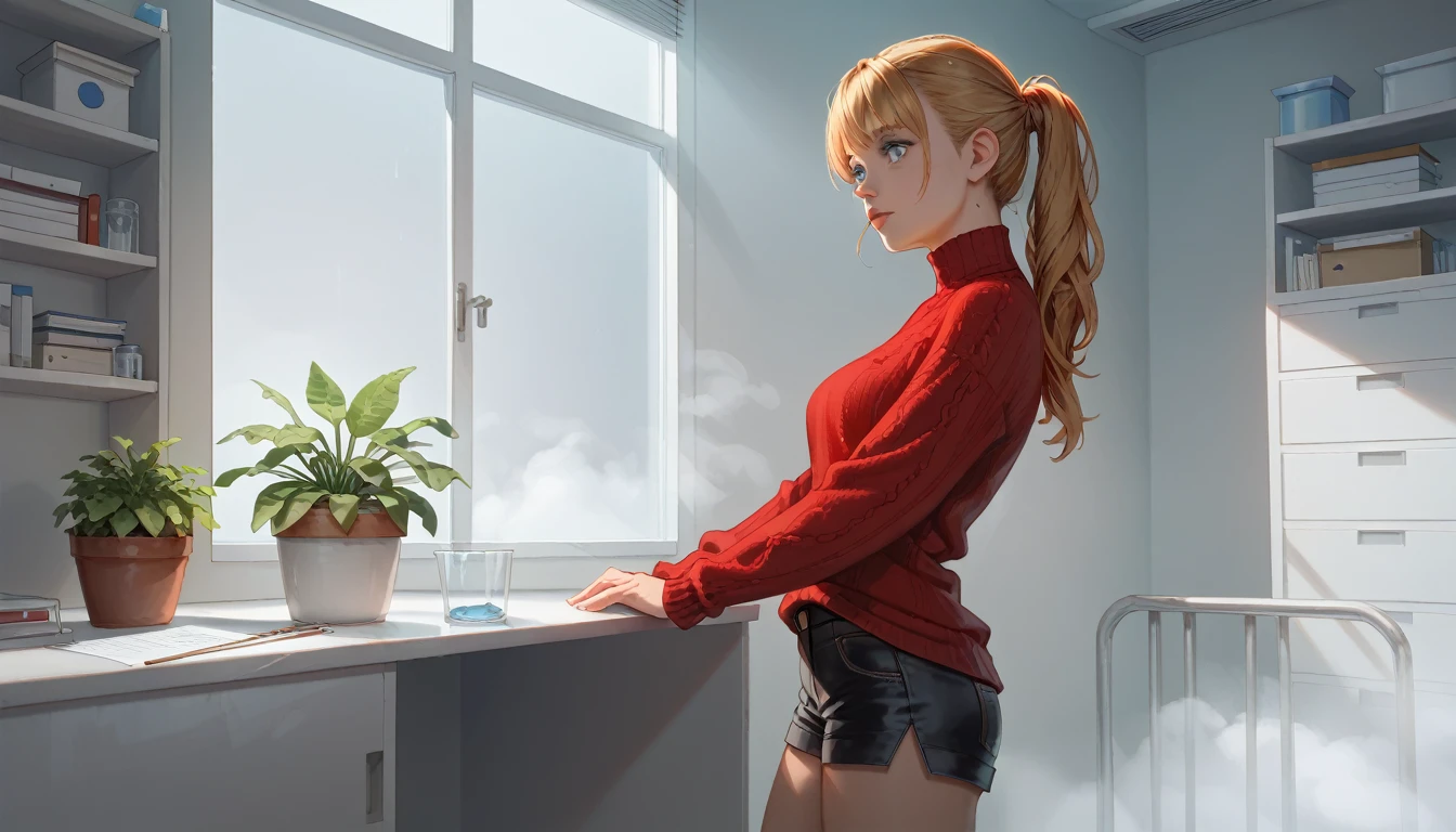 score_9, score_8_up, score_8_up, 1girl, blond woman, nicole demara, anime girl, standing in lab, brunette chemist man in background, indoors, lab, side view , sexy body, long blond ponytail, hair bangs, black sport shorts, red sweater top, material detail, looking cocky, blue dreamy eyes,  fit body, big boobs, teardrop shaped, thin waists, lab stairs, cold neons, detailed room, detailed shadows, fog, plants, violet liquids, hospital, vaccines, scarry athmosphere, dark room, sexy, brolen scarry, negative_hand, g0thicPXL, GTA