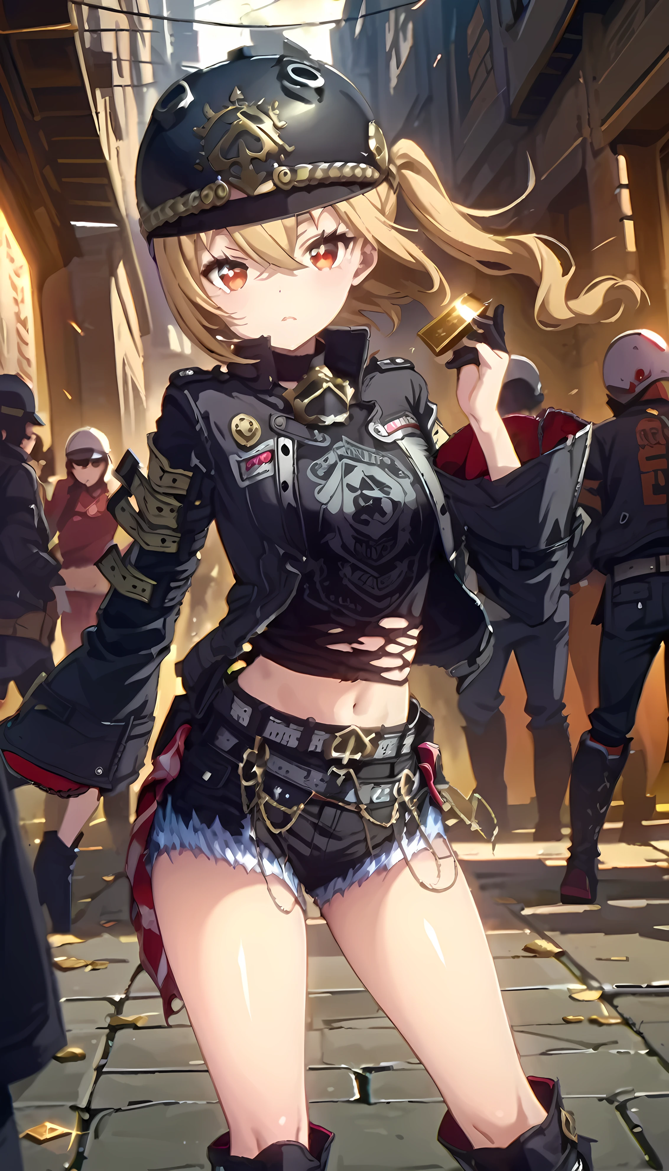 zzzlucy、(A girl about :1.4)、(Red eyes:1.2)、 blond hair、 side ponytail ,  with red fox eyes, ソロ
rest (Motocycle helmet 、 black jacket 、 Long Sleeve 、 open jacket 、Half Gloves、Black Shirt、Crop tops、Mid-Fifth、Black shorts、 denim shorts 、 High Heel Boots 、Knee Boots、 torn shirt :1.4)
rest outdoors, city, null, cloud, sun, architecture, crowd, people々, alley, 
rest looking at viewer, ( cowboy shooting :1.5), (Has a gold bar, battle scene 1.3)
rest (masterpiece:1.2), Best Quality,  high definition,  unity 8k Wallpaper , (Illustration:0.8), (beautiful deふとももed eyes:1.6), extremely deふとももed face, perfect lighting, extremely deふとももed CG, (Perfect hands,  perfect anatomy),