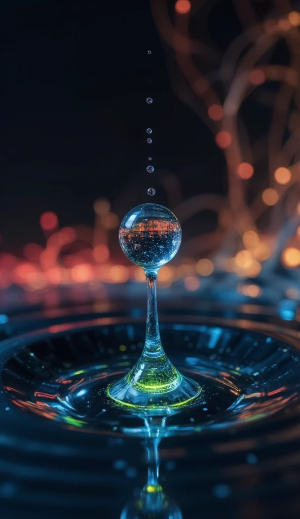 a macro close-up of a single centred falling droplet filled with blue and green data streams, against a dark background of rippled-liquid sunburst-exploding red and yellow data streams, incredible detail, horizontally centred, vertical axis, ultra high resolution, faint underlayer texture of many microscopic 1 and 0 digits in a Unicode font, Miki Asai Macro photography, close-up, hyper detailed, trending on artstation, sharp focus, studio photo, intricate details, highly detailed, by greg rutkowski, Miki Asai Macro photography, close-up, hyper detailed, trending on artstation, sharp focus, studio photo, intricate details, highly detailed