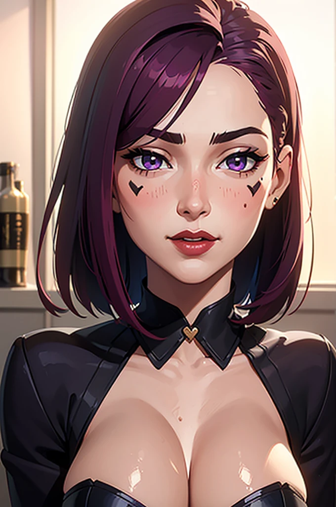 1Girl, Purple Hair, Solo, Purple irises /(eyes/), Earrings, Light Purple Shirt, Lips, Small-Medium Bosom, Jewelry, Freckles Under Eye, Upper Body, Lipstick, Looking At Viewer, Belt, Parted Lips, Realistic, Short Hair, Gloves, Cotton Blouse