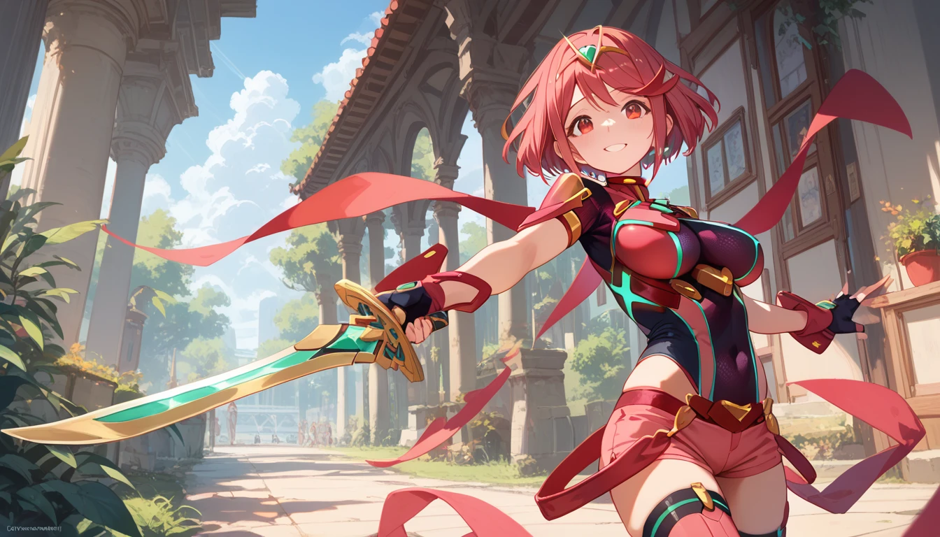 masterpiece, maximum quality, 4k, detailed, pyra, smile, (holding the aegis' sword with both hands) 