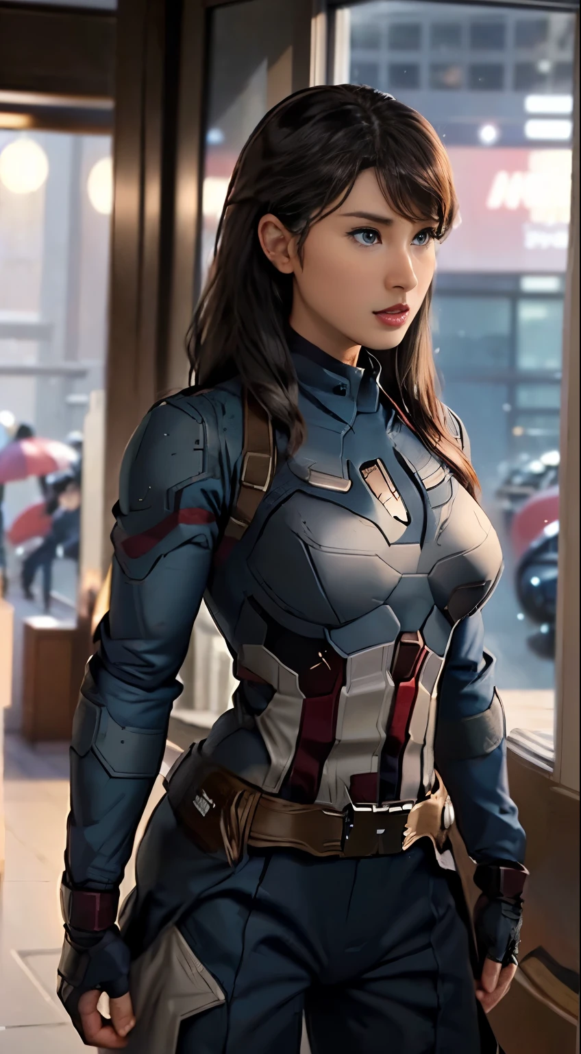 ((Best Quality)) , ((masterpiece)) , (  Details) ,(  Captain America Lady ) ,  a beautiful Japanese woman, Japanese actress Tsuchiya Taiho, Age 25, Perfect figure ,  big chest,( big chest:1.8), 硬く勃起したビンクのNipples,(Nipples:1.3),  tight waist with abs , Big round ass,  beautiful body line with sharp whole body ,  sexy body line ,  brown semi-long wavy hair ,  big beautiful brown eyes ,  beautiful nose with small nostrils passing through the nose ,  Plump, Glossy Lips , Facial beauty,  focusing on details from face to chest , キャプテン・アメリカの costumeを身に着けている, Captain America costume for the 2015 movie Avengers /エイジ・オブ・ウルトロンのキャプテン・アメリカの costume,( costume:1.10), The shield is fixed to Captain America, which is 90 cm in diameter round on the left arm with a shield belt, Captain America's Shield,(Captain America's Shield1.10), 特殊なラバー素材で作られたキャプテン・アメリカの costume, 彼女のボディラインにぴったり隙間なく包み込むキャプテン・アメリカの costume, The ruins of New York Times Square are in the background , Anatomically correct , 