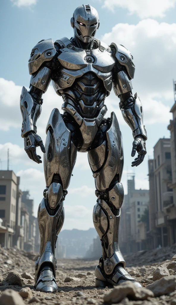best quality, 32k, RAW photo, incredibly absurdres, extremely detailed, delicate texture, gigantic mechanical warrior 50 meters tall, streamlined body with shiny chrome plating and iridescent jet black parts, background destroyed city, delicate, flashy and dynamic depiction, 3D