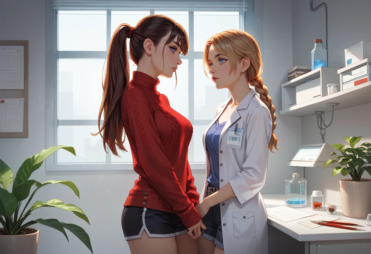 score_9, score_8_up, score_8_up, girl and doctor, blond woman, nicole demara, anime girl, standing in lab, brunette chemist man in background, indoors, lab, side view , sexy body, long blond ponytail, hair bangs, black sport shorts, red sweater top, material detail, looking cocky, blue dreamy eyes,  fit body, big boobs, teardrop shaped, thin waists, lab stairs, cold neons, detailed room, detailed shadows, fog, plants, violet liquids, hospital, vaccines, scarry athmosphere, dark room, sexy, brolen scarry, negative_hand, g0thicPXL, GTA