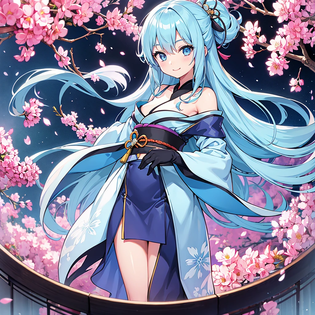 kimono, 1girl, solo, light blue hair, long hair, light blue eyes, flat chest, slim figure, smile, perfect anatomy