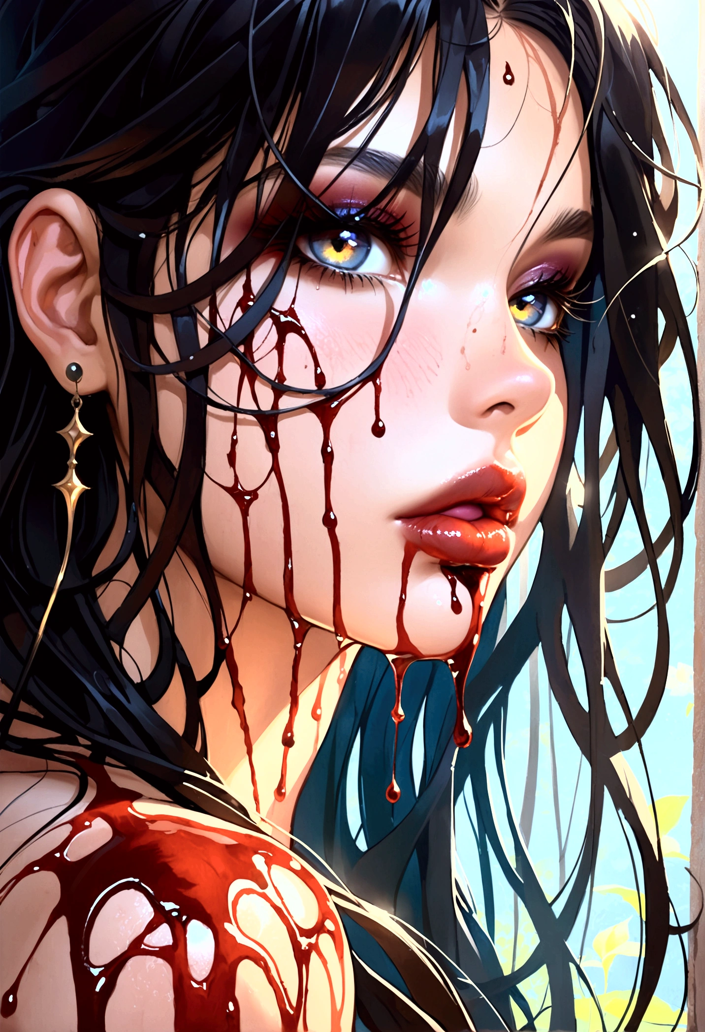 Rwd hair girl swimming in blood, surrounded by body parts