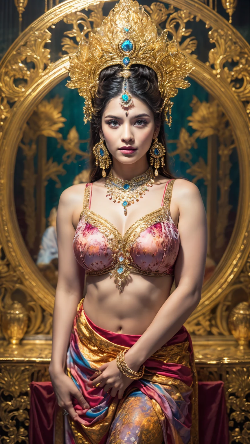 ((Best quality, 8k, Masterpiece :1.3)), Sharp focus :1.2, Generate a realistic image of a beautiful sexy Indian woman plus size body: 8.5 (masterpiece like a princess) (body like divine girl) dressed divine clothes pink skirt and print bra, adorned with traditional ornaments, standing in a well-lit room with cinematic lighting. ((Front view, random elegant pose)), and there is a sense of grace and elegance in her posture. The background should complement the scene, enhancing the overall aesthetic appeal of the image. Photography by Brandon Woelfel, Full shot: Canon EF 16-35mm f/2.8L III USM lens on a Canon EOS 9D Mark IV 128bit camera, ultra realistic, 32k, HD