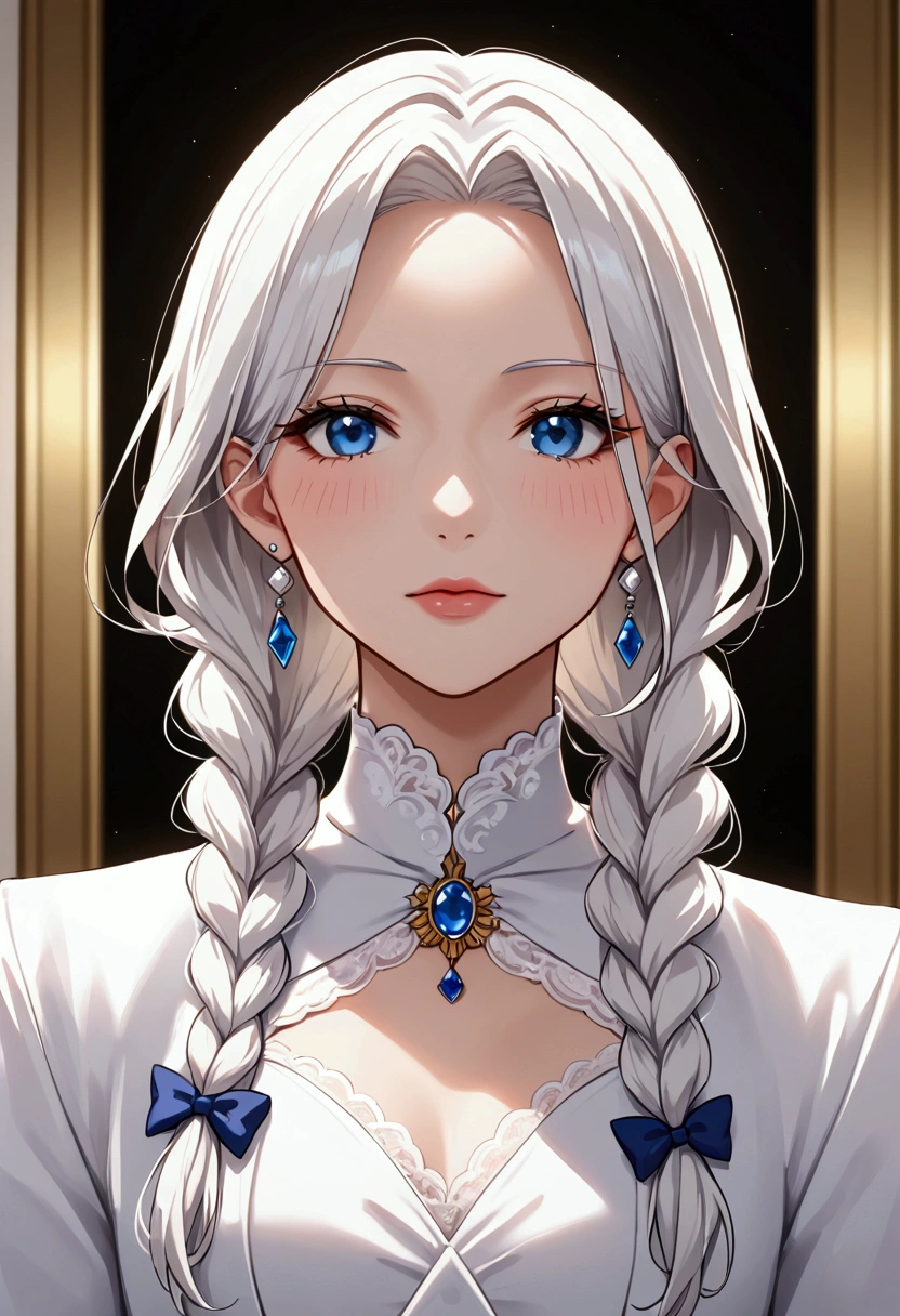 Excellent, masterpiece, white hair, blue eyes, white clothes, upper body, hair, fair skin, side braids, best quality