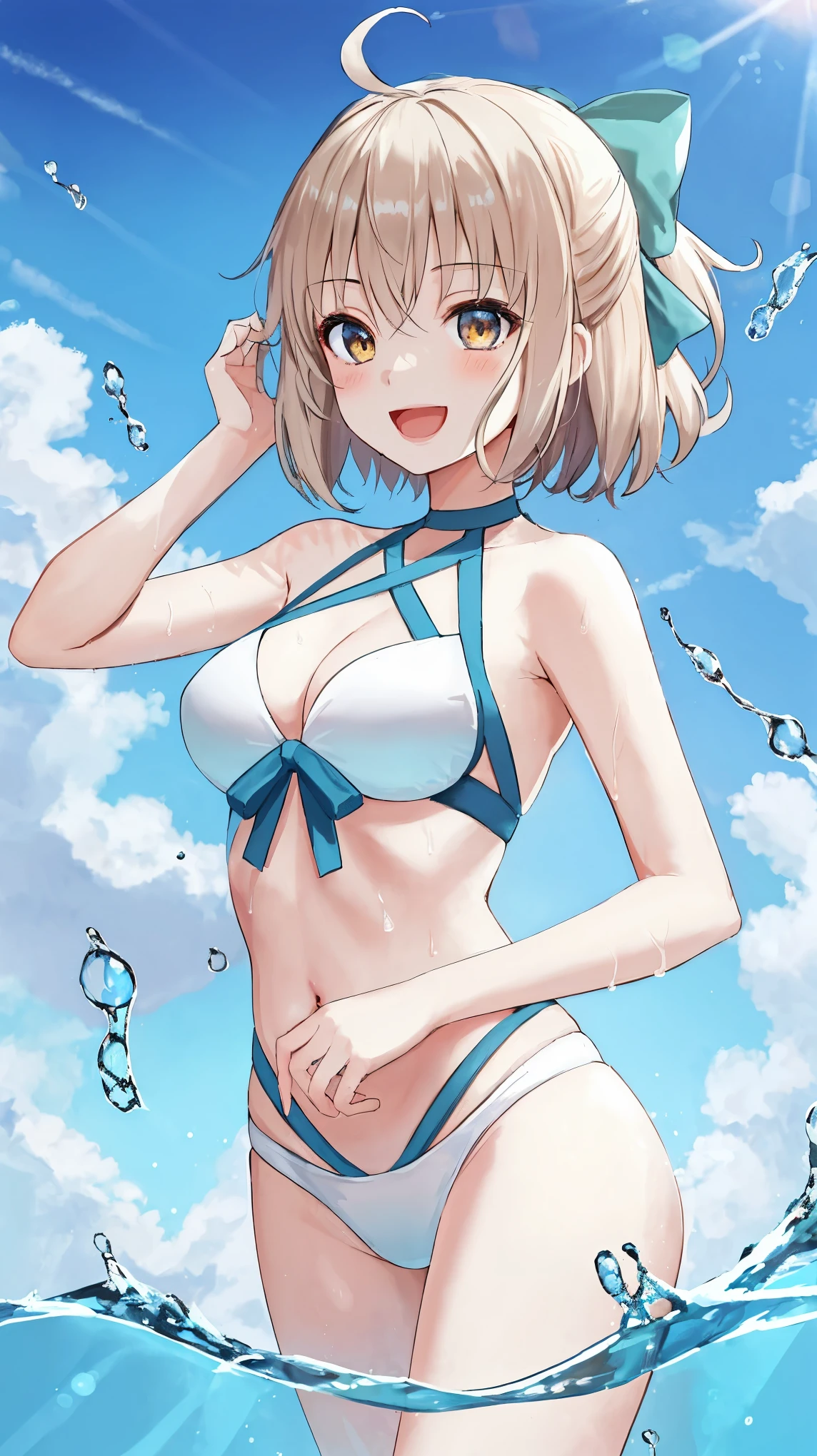 masterpiece, best quality,extremely detailed CG unity 8k wallpaper,
1girl,okita souji \(fate\), swimsuit,bikini,
 smile,open_mouth,dynamic_jumping,sunlight,splash_of_water,happy,closed_eyes,selfie,looking above,wet,sweat,oil